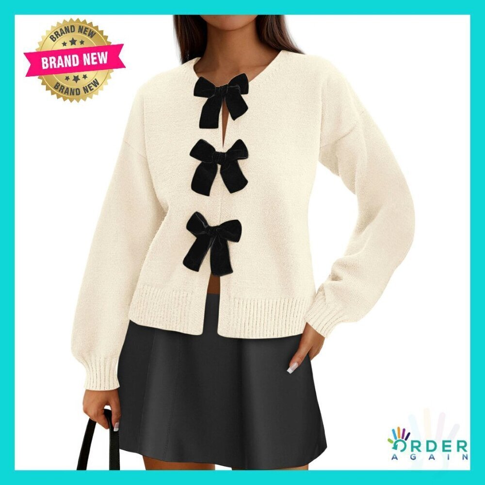 Oversized Bow Tie Front Cardigan Chic Elegant Cozy Winter Knit Sweater